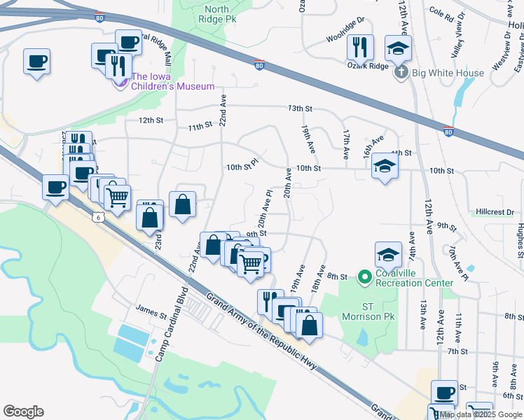 map of restaurants, bars, coffee shops, grocery stores, and more near 908 20th Avenue Place in Coralville