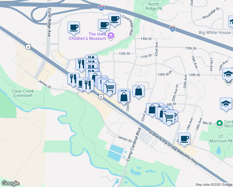 map of restaurants, bars, coffee shops, grocery stores, and more near 937 Boston Way in Coralville