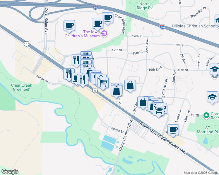 map of restaurants, bars, coffee shops, grocery stores, and more near 937 Boston Way in Coralville