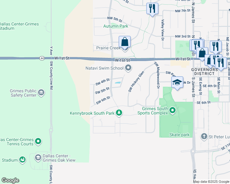 map of restaurants, bars, coffee shops, grocery stores, and more near 1012 Southwest 5th Street in Grimes