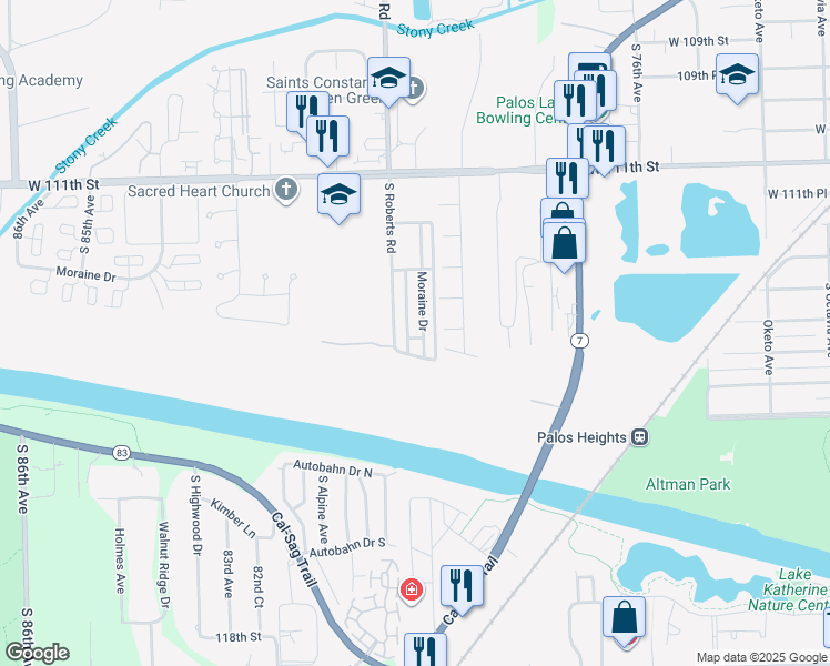 map of restaurants, bars, coffee shops, grocery stores, and more near 11342 Moraine Drive in Palos Hills