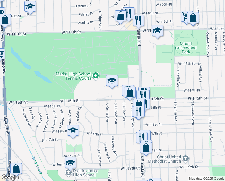 map of restaurants, bars, coffee shops, grocery stores, and more near 4200 West 115th Street in Chicago