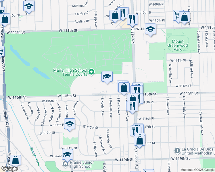 map of restaurants, bars, coffee shops, grocery stores, and more near 4200 West 115th Street in Chicago
