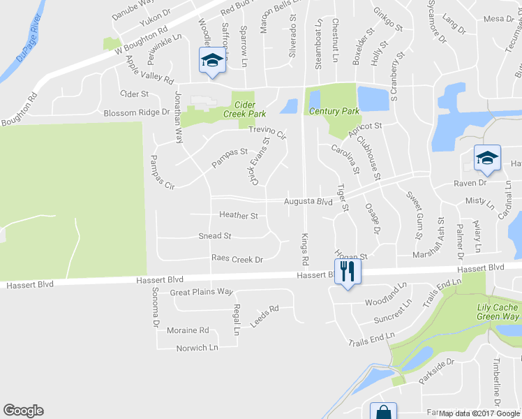 map of restaurants, bars, coffee shops, grocery stores, and more near 1818 Heather Street in Bolingbrook