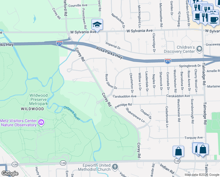 map of restaurants, bars, coffee shops, grocery stores, and more near 3631 Rose Glenn Drive in Toledo