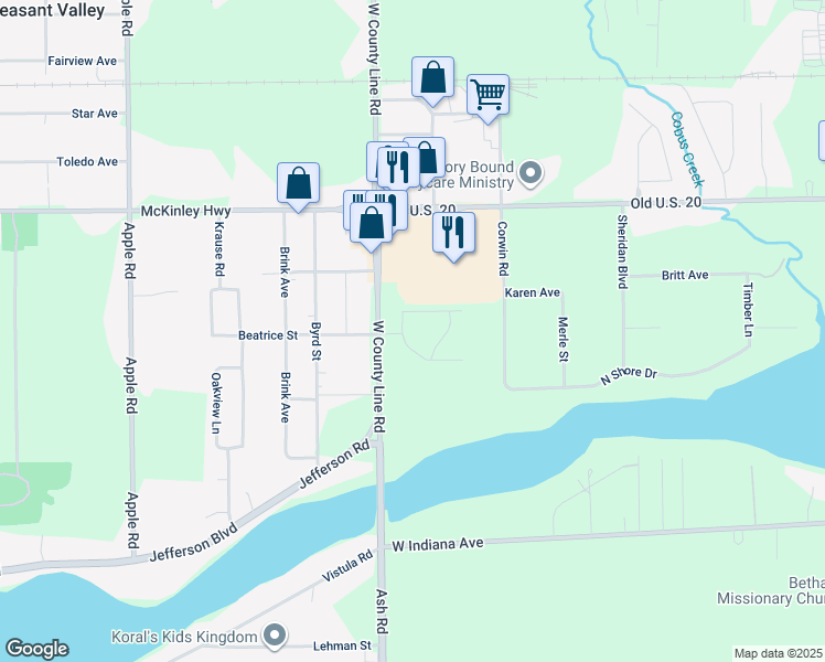 map of restaurants, bars, coffee shops, grocery stores, and more near 55750 Ash Road in Osceola