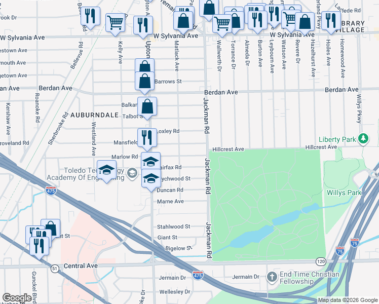map of restaurants, bars, coffee shops, grocery stores, and more near 1736 Marlow Road in Toledo