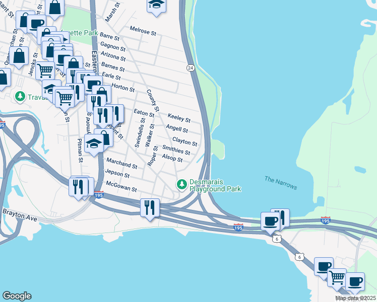 map of restaurants, bars, coffee shops, grocery stores, and more near 154 Smithies Street in Fall River