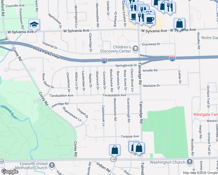 map of restaurants, bars, coffee shops, grocery stores, and more near 3627 Westchester Road in Toledo