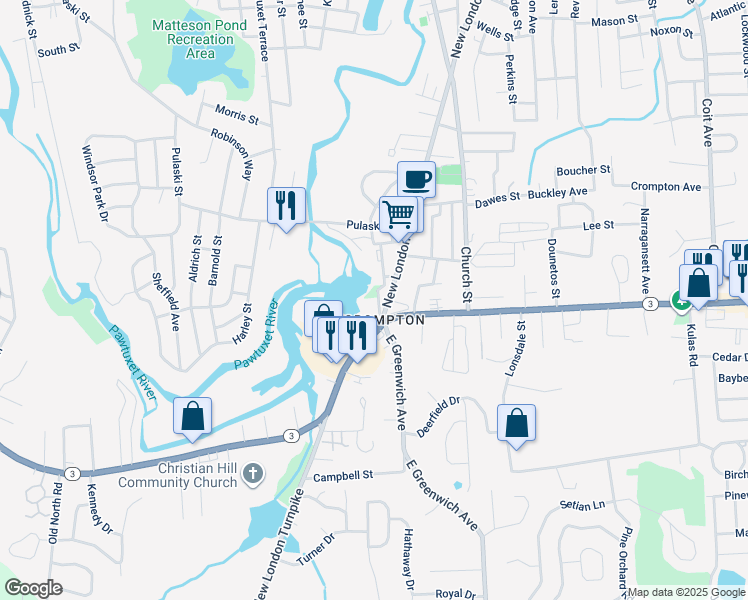 map of restaurants, bars, coffee shops, grocery stores, and more near 81 Manchester Street in West Warwick