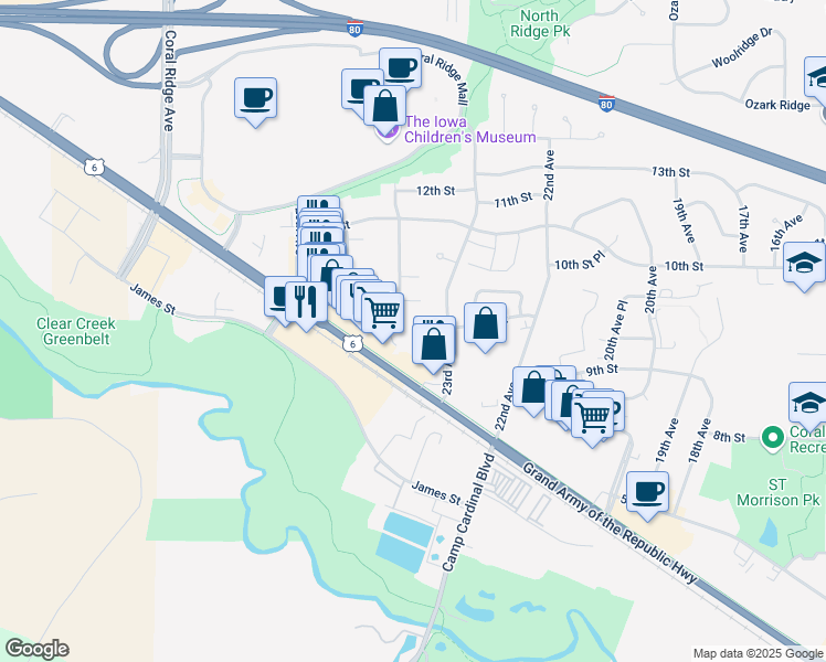 map of restaurants, bars, coffee shops, grocery stores, and more near 937 Boston Way in Coralville