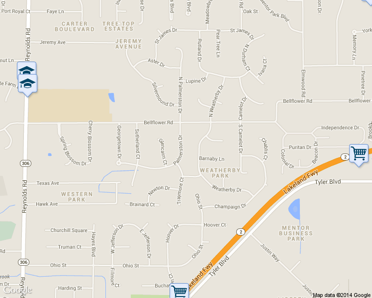 map of restaurants, bars, coffee shops, grocery stores, and more near 6813 Palmerston Dr in Mentor