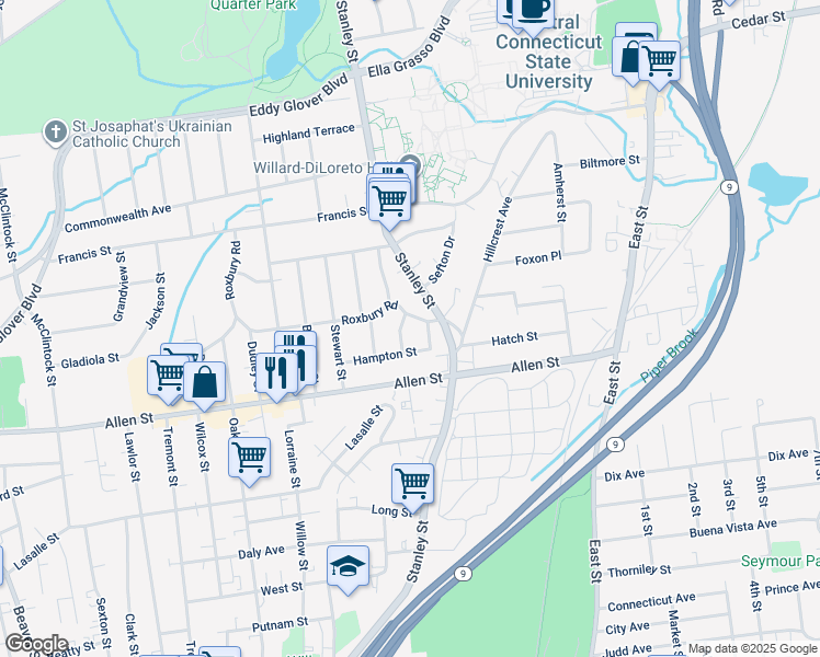 map of restaurants, bars, coffee shops, grocery stores, and more near 12 Eton Pl in New Britain