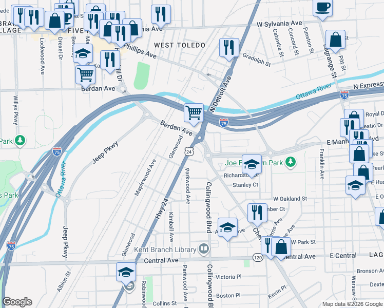 map of restaurants, bars, coffee shops, grocery stores, and more near 3405 North Detroit Avenue in Toledo