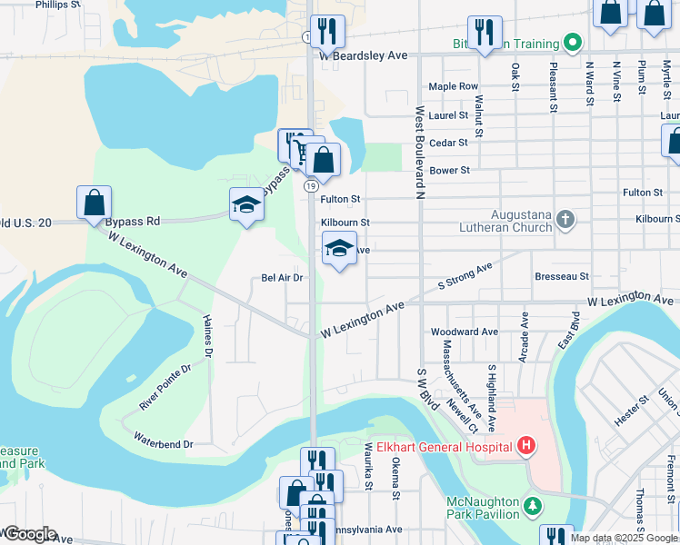 map of restaurants, bars, coffee shops, grocery stores, and more near 1735 Strong Avenue in Elkhart