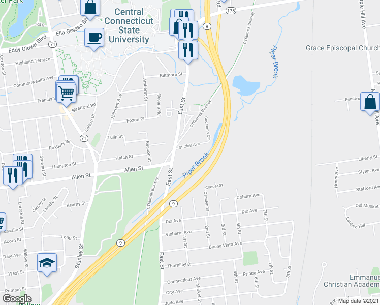 map of restaurants, bars, coffee shops, grocery stores, and more near 23 Saint Clair Avenue in New Britain