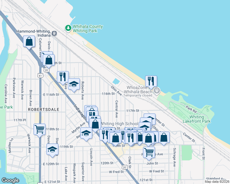 map of restaurants, bars, coffee shops, grocery stores, and more near 1544 Central Avenue in Whiting