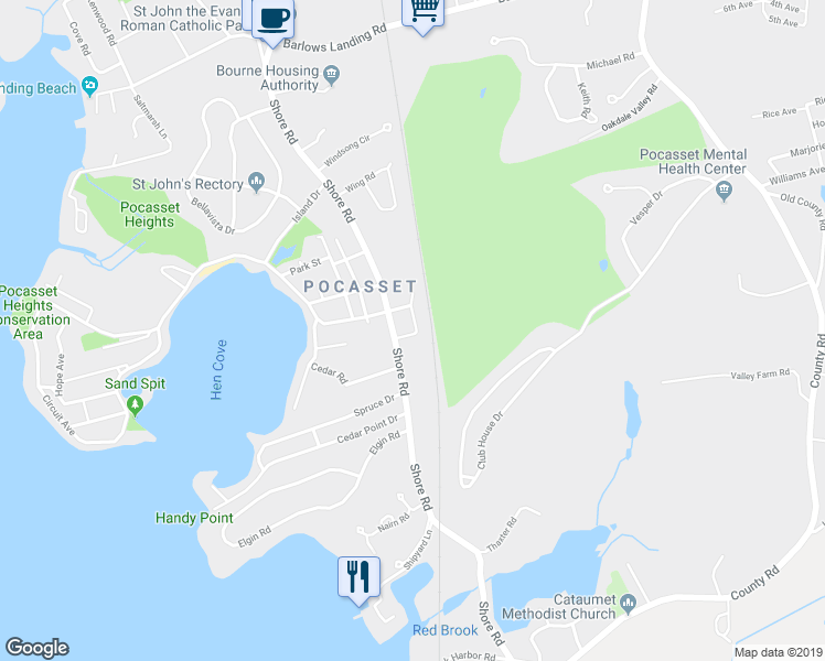 map of restaurants, bars, coffee shops, grocery stores, and more near 7 Lantern Lane in Bourne