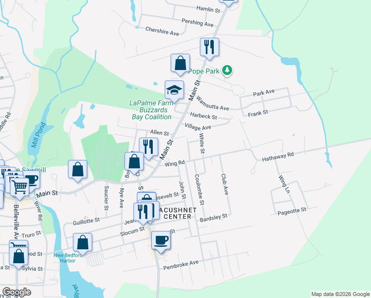 map of restaurants, bars, coffee shops, grocery stores, and more near 9 Diane Street in Acushnet