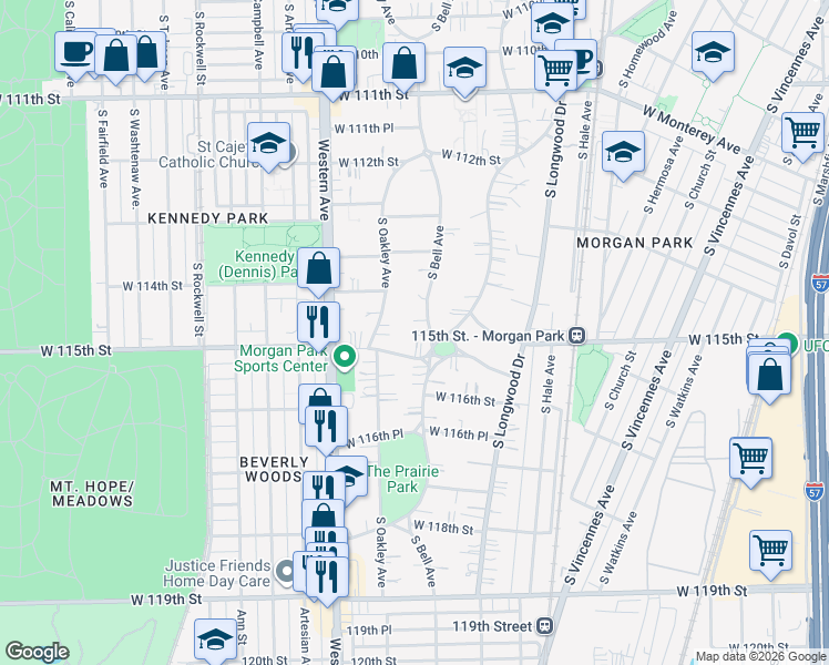 map of restaurants, bars, coffee shops, grocery stores, and more near 11452 South Bell Avenue in Chicago