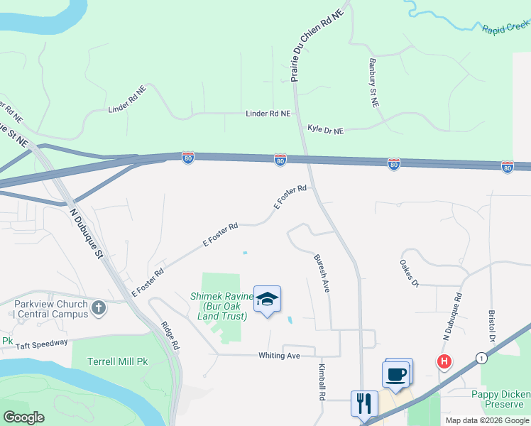 map of restaurants, bars, coffee shops, grocery stores, and more near 750 East Foster Road in Iowa City