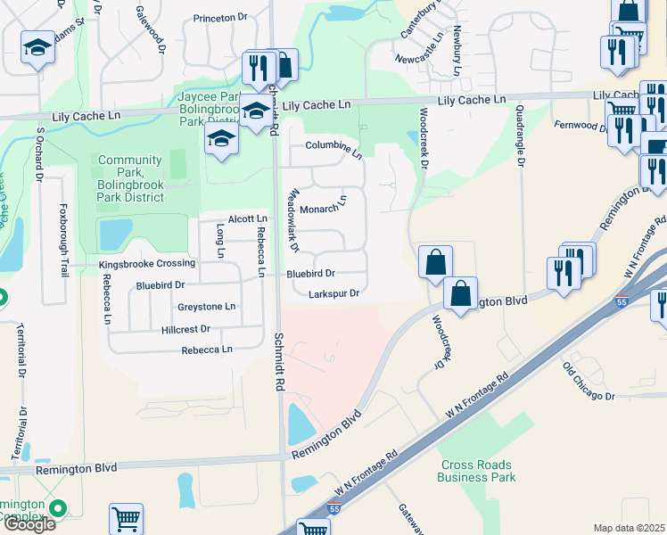 map of restaurants, bars, coffee shops, grocery stores, and more near 442 Bluebird Drive in Bolingbrook