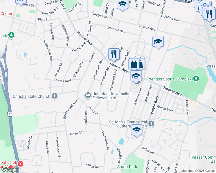 map of restaurants, bars, coffee shops, grocery stores, and more near 35 Woodland Avenue in Poughkeepsie