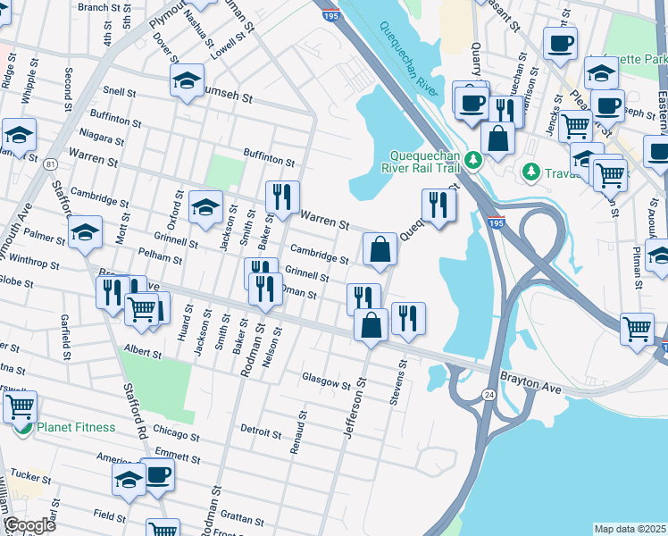 map of restaurants, bars, coffee shops, grocery stores, and more near 114 Reeves Street in Fall River