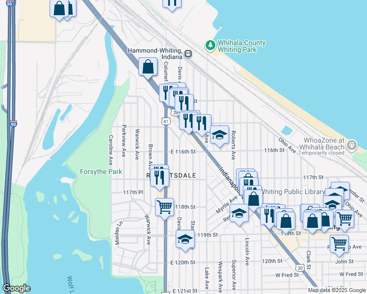 map of restaurants, bars, coffee shops, grocery stores, and more near 1537 Davis Avenue in Whiting