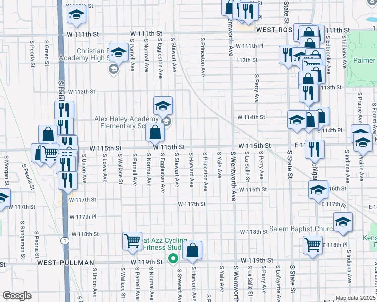 map of restaurants, bars, coffee shops, grocery stores, and more near 335 West 115th Street in Chicago