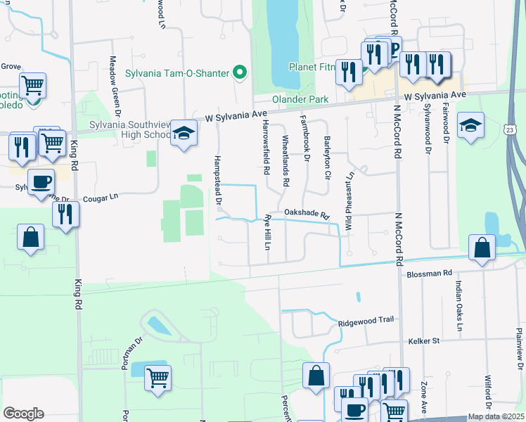 map of restaurants, bars, coffee shops, grocery stores, and more near 3733 Rye Hill Ln in Sylvania