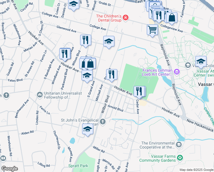 map of restaurants, bars, coffee shops, grocery stores, and more near 289 Hooker Avenue in Poughkeepsie