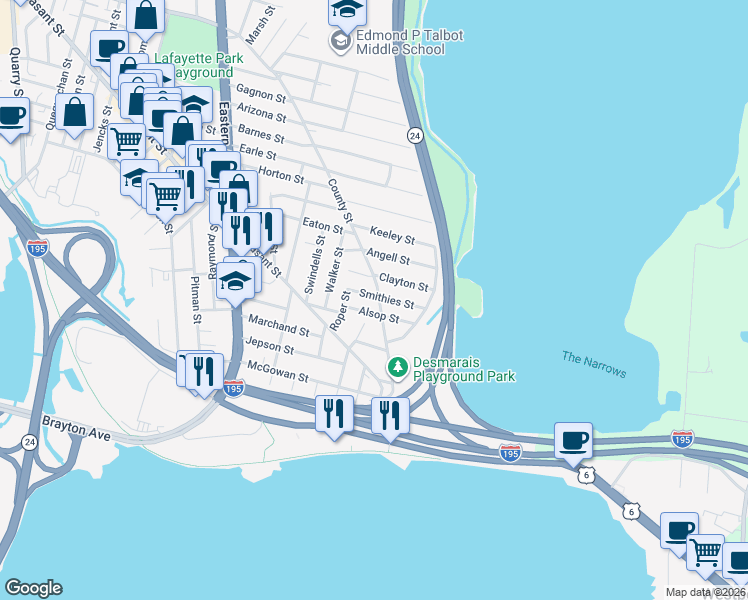 map of restaurants, bars, coffee shops, grocery stores, and more near 1299 County Street in Fall River
