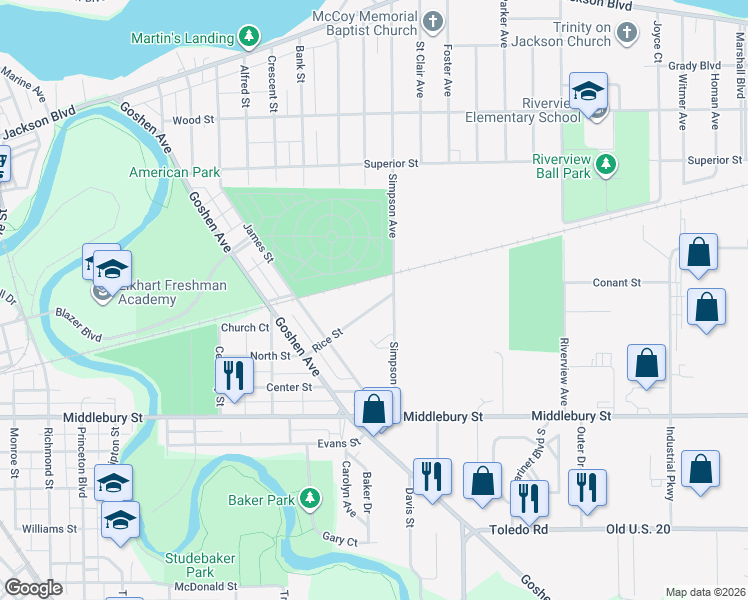 map of restaurants, bars, coffee shops, grocery stores, and more near 1440 Rice Street in Elkhart