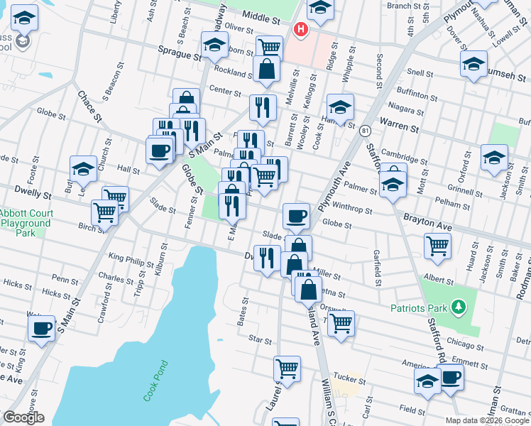 map of restaurants, bars, coffee shops, grocery stores, and more near 895 Globe Street in Fall River
