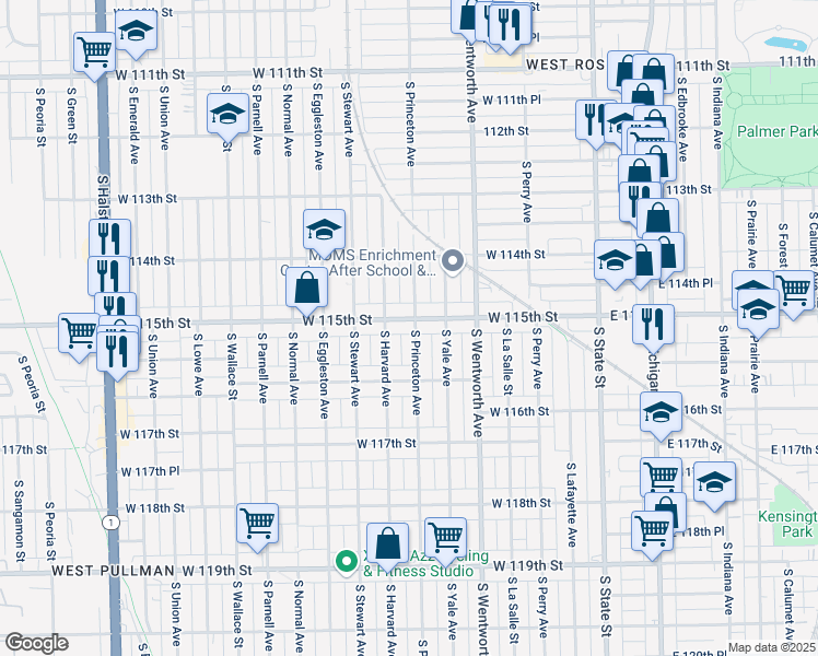 map of restaurants, bars, coffee shops, grocery stores, and more near 257 West 115th Street in Chicago