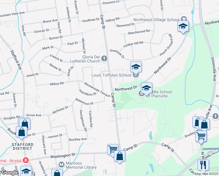 map of restaurants, bars, coffee shops, grocery stores, and more near 245 Camp Street in Bristol