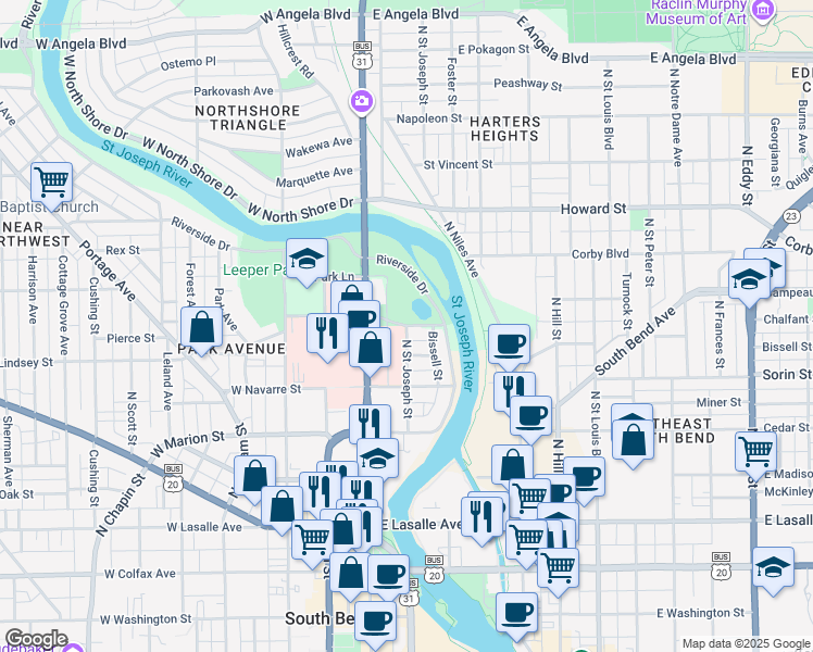 map of restaurants, bars, coffee shops, grocery stores, and more near 201 East Bartlett Street in South Bend