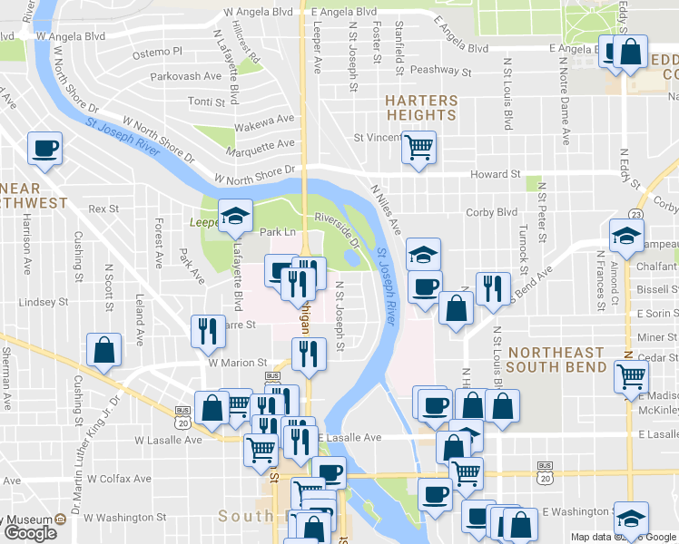 map of restaurants, bars, coffee shops, grocery stores, and more near East Bartlett Street in South Bend