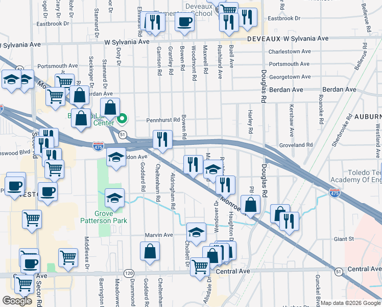map of restaurants, bars, coffee shops, grocery stores, and more near 3541 Woodmont Road in Toledo