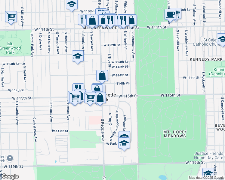 map of restaurants, bars, coffee shops, grocery stores, and more near 11450 Troy Avenue in Alsip