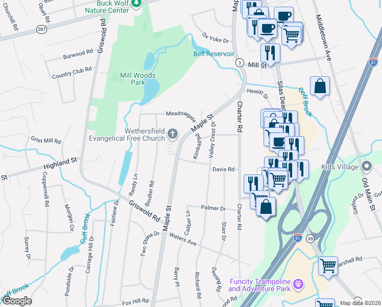 map of restaurants, bars, coffee shops, grocery stores, and more near 47 Kimball Road in Wethersfield