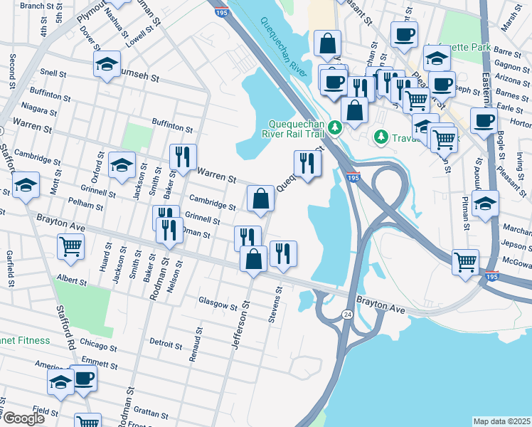 map of restaurants, bars, coffee shops, grocery stores, and more near 876 Cambridge Street in Fall River