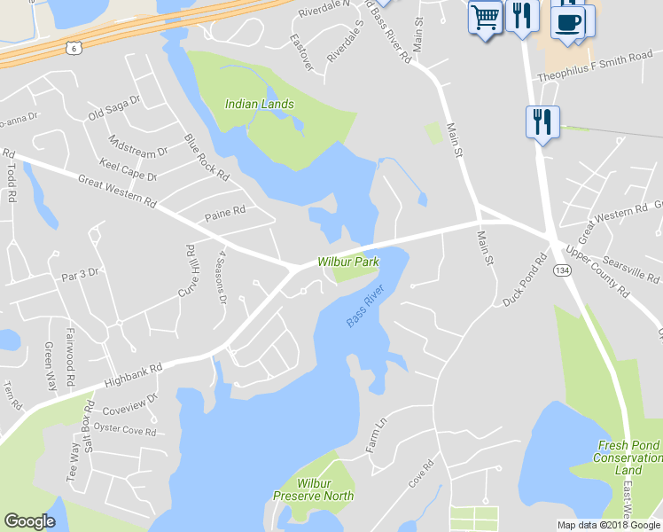 map of restaurants, bars, coffee shops, grocery stores, and more near 422 Highbank Road in Yarmouth