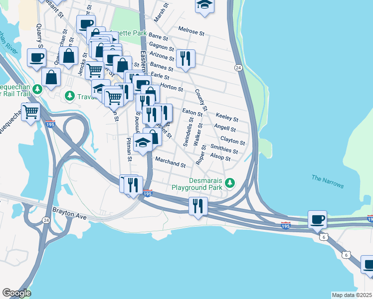 map of restaurants, bars, coffee shops, grocery stores, and more near 6 Hirst Street in Fall River