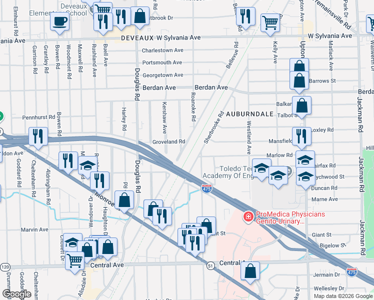 map of restaurants, bars, coffee shops, grocery stores, and more near 3568 Bellevue Road in Toledo