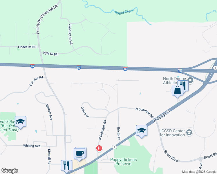 map of restaurants, bars, coffee shops, grocery stores, and more near 1825 Bristol Drive in Iowa City