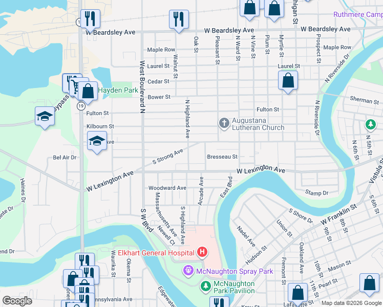 map of restaurants, bars, coffee shops, grocery stores, and more near 105 North Drive in Elkhart