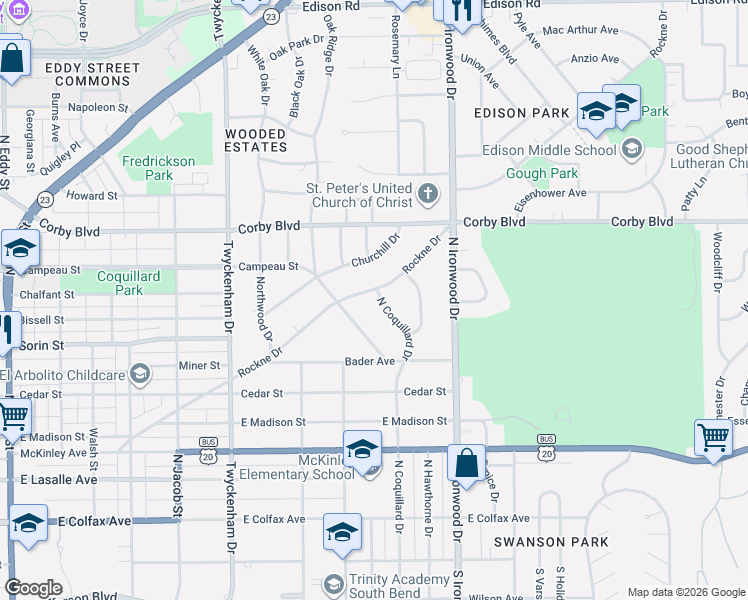 map of restaurants, bars, coffee shops, grocery stores, and more near 1826 Rockne Drive in South Bend