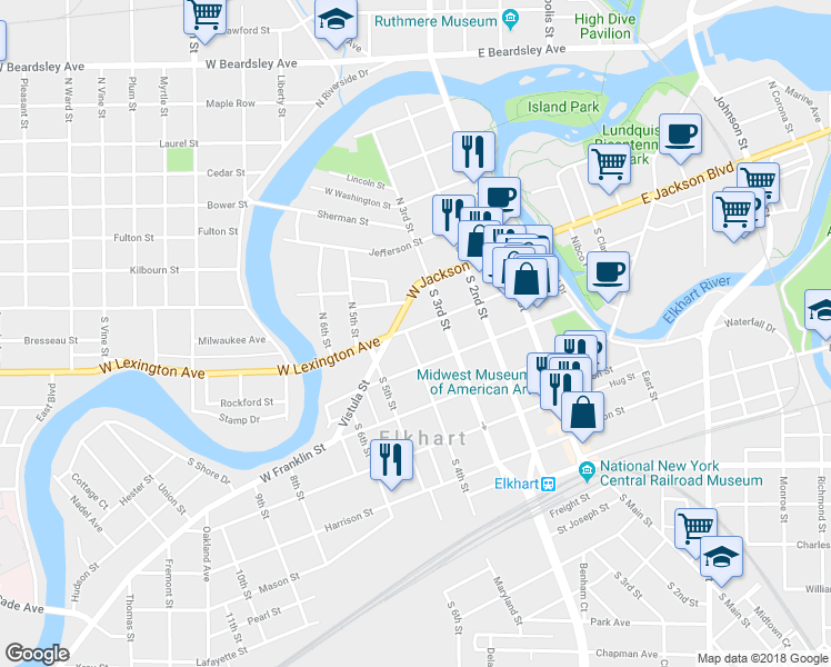 map of restaurants, bars, coffee shops, grocery stores, and more near 325 West Lexington Avenue in Elkhart